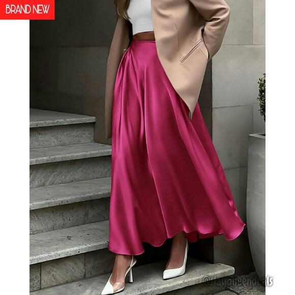 Elegant Satin Maxi Skirt High Waisted A-Line Formal Cocktail Night Out - Picture 3 of 8